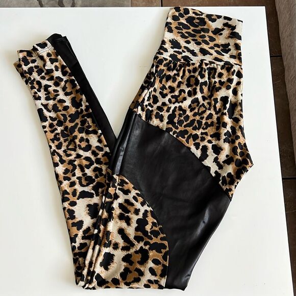 High Waisted Animal Print with Leather Leggings S - Picture 1 of 8